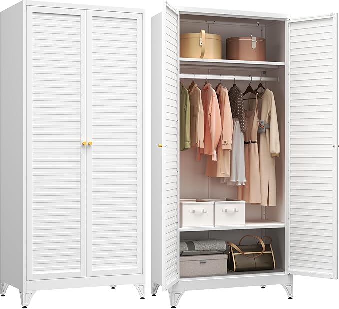 Polup Metal Armoire Wardrobe Closet with Doors, 71" Tall White Wardrobe Cabinet with Hanging Rod and Adjustable Shelves, Steel Clothing Storage Cabinet for Bedroom, School, Employee, Gym, Office