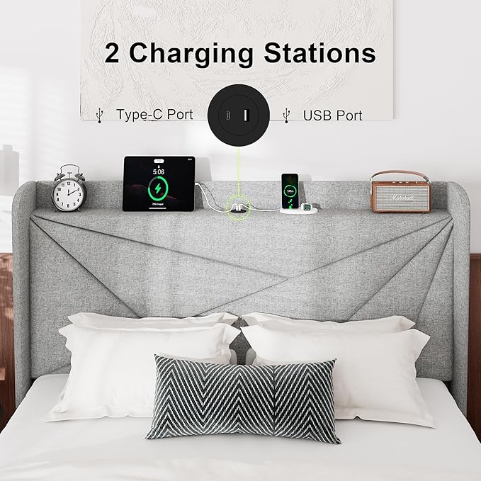 Feonase Queen Bed Frame with Charging Station, Linen Upholstered Platform Bedframe with Wingback Headboard, Solid Wood Slats Support, Noise Free, No Box Spring Needed, Light Grey