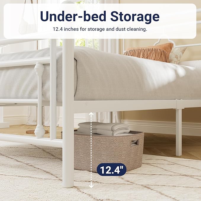 Allewie Twin Size Metal Platform Bed Frame with Victorian Vintage Headboard and Footboard/Mattress Foundation/Under Bed Storage/No Box Spring Needed/Noise-Free/Easy Assembly, White
