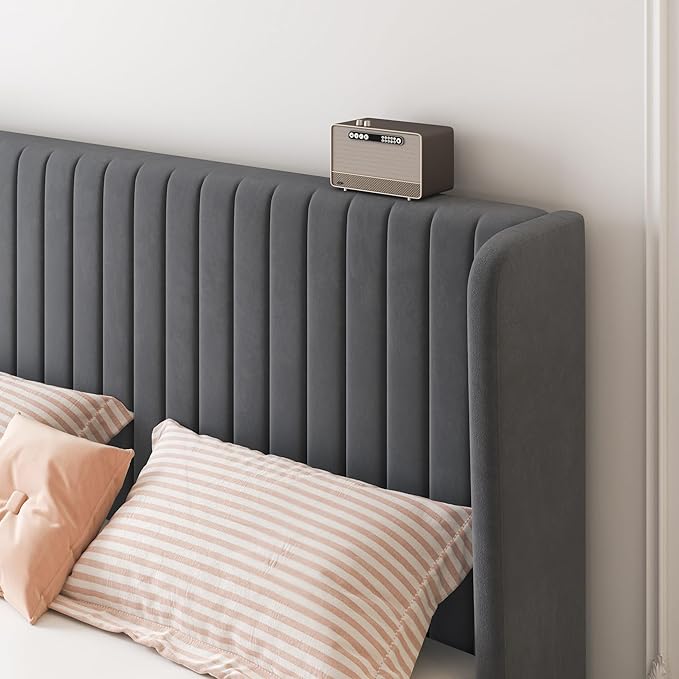 SHA CERLIN King Size Velvet Bed Frame with Vertical Channel Tufted Wingback Headboard, Upholstered Platform Bed with Wood Slats, No Box Spring Needed, Easy Assembly, Grey