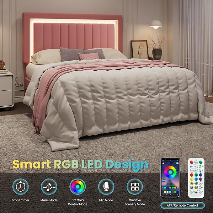 SHA CERLIN Full Size Velvet Bed Frame with LED Light, Adjustable Vertical Channel Tufted Headboard, Strong Wooden Slats Support, Noise-Free, No Box Spring Needed, Pink
