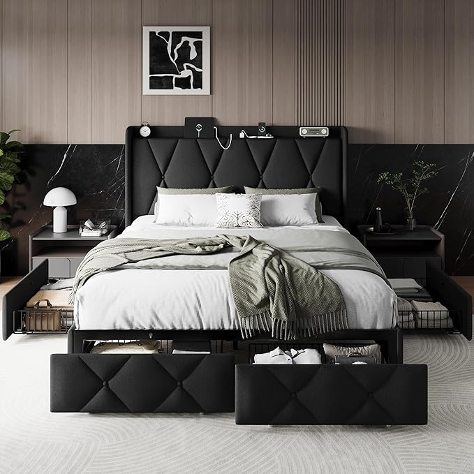 Einhomn Queen Bed Frame with 4 Storage Drawers and Charging Station, Upholstered Platform Bed Frame with Storage Headboard, No Box Spring Needed, Easy Assembly, Black