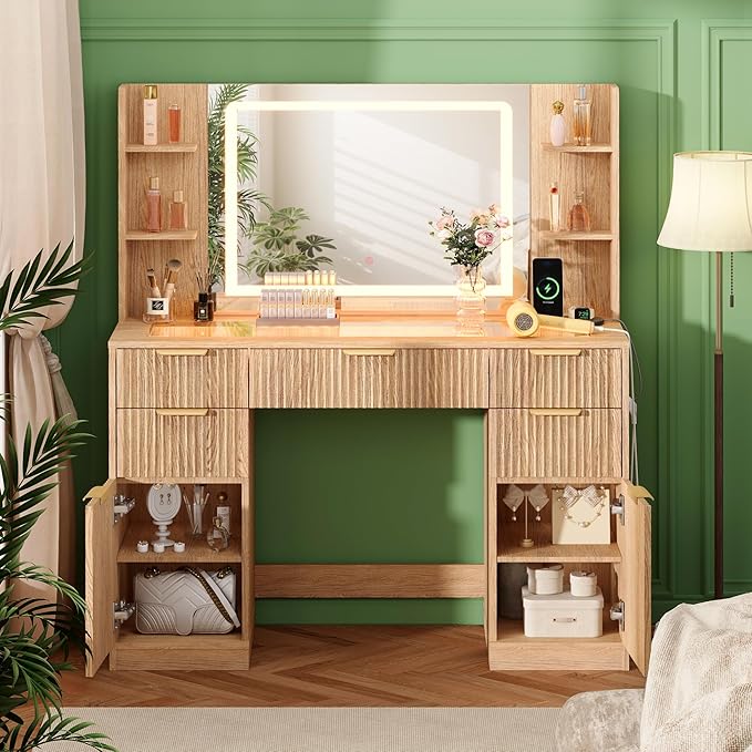 Fluted Vanity Desk with 30.2" Mirror and Lights, Glass Top Makeup Vanity with Desktop Light Strips, 5 Drawers, 2 Cabinet & 6 Open Shelves, Power Outlet, Lighting Adjustable,Natural