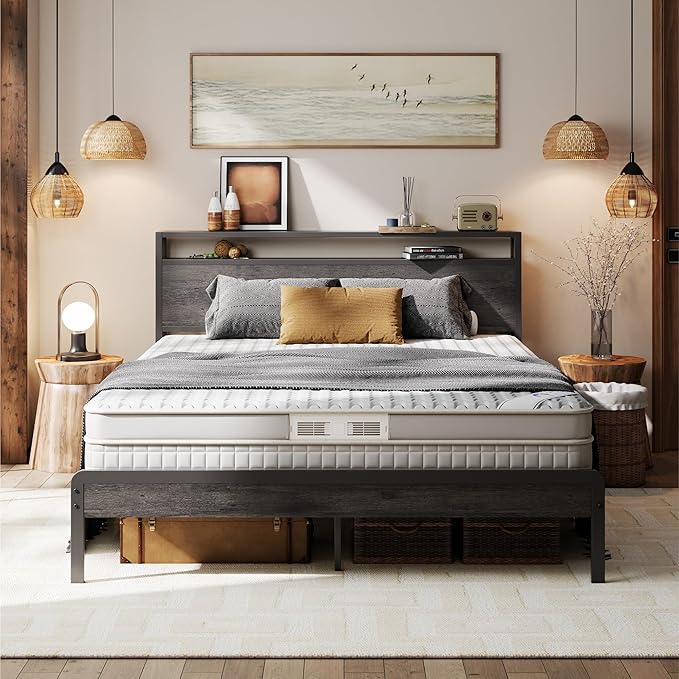 LIKIMIO Queen Bed Frame with Headboard, Dark Wood Camas Queen with Strong Supports, Sturdy, Noise-Free, No Box Spring Needed, Grey
