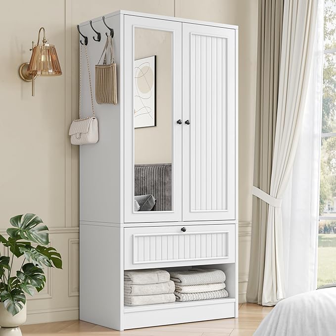 Einhomn 70" Armoire Wardrobe Closet with Doors & Mirror,Wooden Wardrobe with Drawers and 3 Side Hooks,Large Freestanding Bedroom Storage Wardrobe Cabinet,White