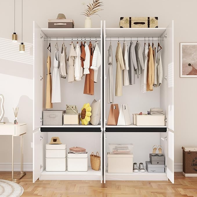 White Armoire Wardrobe Closet: 74" Wooden Wardrobe Closet with 4 Doors, Bedroom Armoires with Hanging Rod, Tall Closets Cabinet for Hanging Clothes (63")