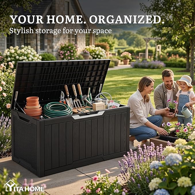 YITAHOME 100 Gallon Large Outdoor Storage Box, Water Resistant Resin Deck Box, Indoor Outdoor Lockable Rattan Storage Container for Patio, Garden, Cushions, Tools, Equipment (Black)
