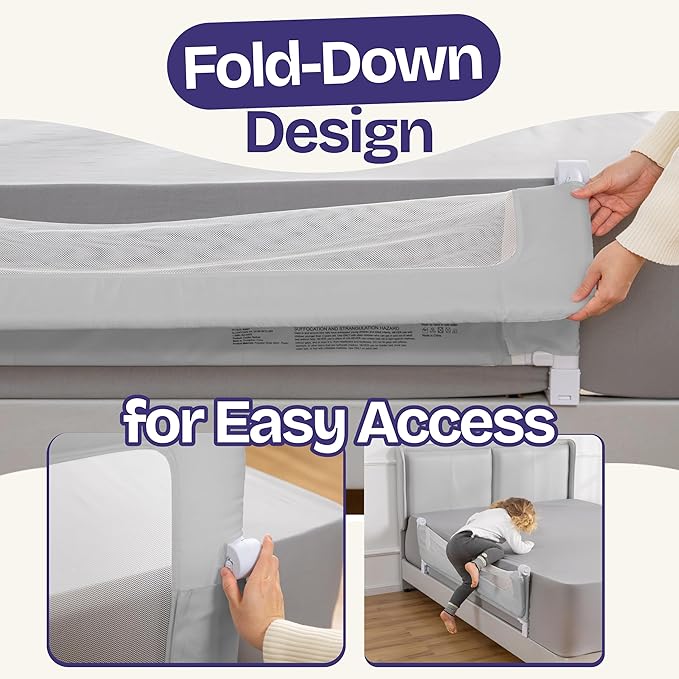 ComfyBumpy Premium Adjustable Bed Rail for Toddlers, Swing-Down Safety Guard, Height Adjusts 24.4"–32.3"H, Extra-Long 55.5", Sturdy Steel & Breathable Mesh, For Twin, Full, Queen & King, Gray, 1-Pack