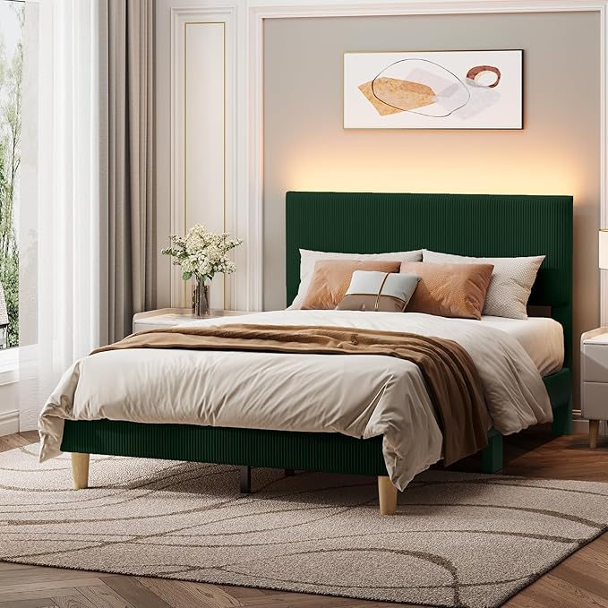 Bestier Full Bed Frame with Headboard,Full Size Bed with LED Light,Vertical Channel Tufted Corduroy Upholstered, Solid Wooden Slats Support, No Box Spring Needed, Never Squeaks, Easy Assembly,Green