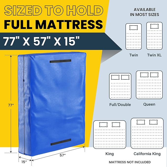 (Full) 10 Mil Thick - Moving and Storage Mattress Bag w Zipper and 8 Carrying Handles - Waterproof - UV Resistant - Heavy Duty - Long Lasting (Blue, Full)