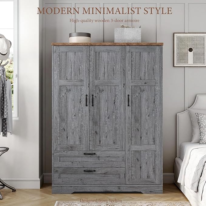 Yechen 3-Door Wooden Armoire Wardrobe Closet with Drawers and Shelves, Bedroom Armoires with Mirror for Hanging Clothes, Coat, Farmhouse Wardrobe Cabinet for Large Storage Needed