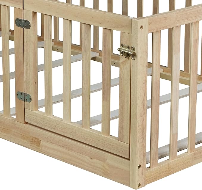 Bellemave Twin Size Montessori Floor Bed with 21.5" High Rails, Rubber Wood Twin Floor Bed with Slats and Door, Natural