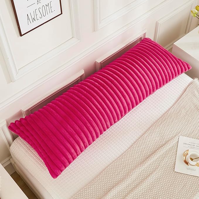 JAUXIO Faux Fur Fluffy Body Pillow Cover Luxury Textured Vertical Stripe Plush Decorative Body Pillowcase, Ultra Soft and Cozy Zipper Closure 21 x 54 Inches, Hot Pink