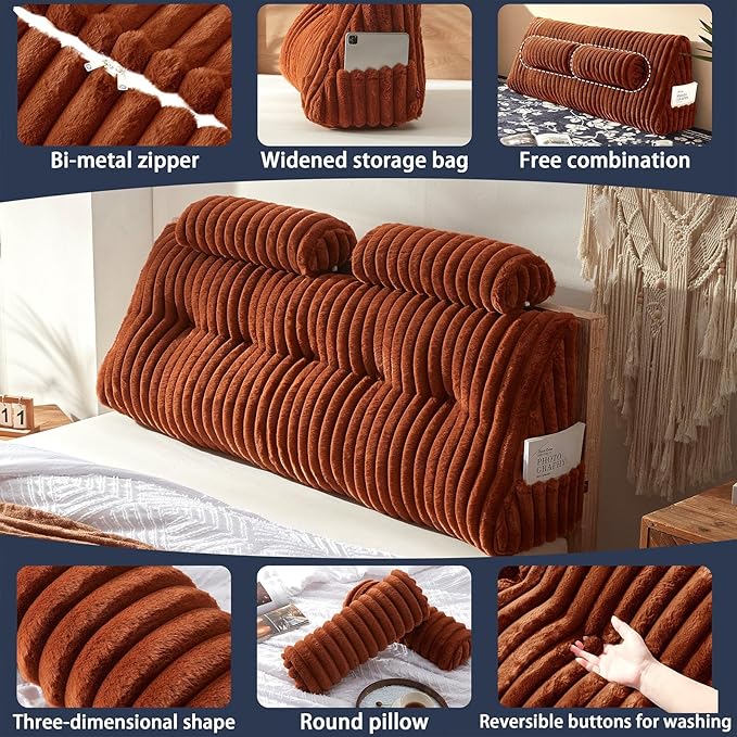Rycwola Faux Fur Headboard Pillow with 2 Pack Neck Roll Pillow Large Headboard Pillow Soft and Supportive with Removable Cover (Brown, Full)