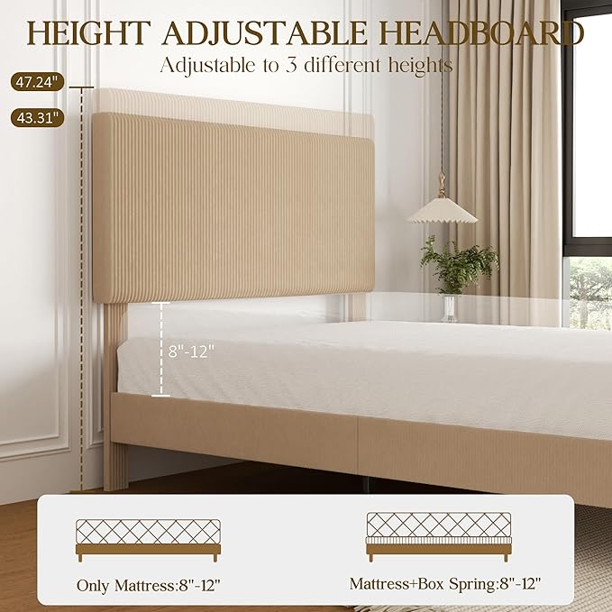 Queen Size Bed Frame, Upholstered Platform Bed with Adjustable Headboard, Vertical Fluted Tufted, Soft Corduroy Fabric, Strong Wooden Slats Support, No Box Spring Needed, Easy Assembly, Brown