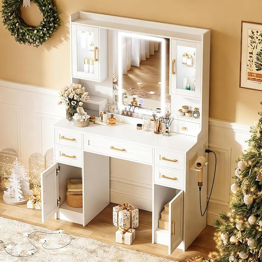 KAMABOKO White Vanity Desk with Mirror and Lights, Makeup Vanity with 2 Clear Glass Display Cabinets and 2 Large Drawers, 3 Lighting Color Adjustable, Girls Dressing Table for Bedroom