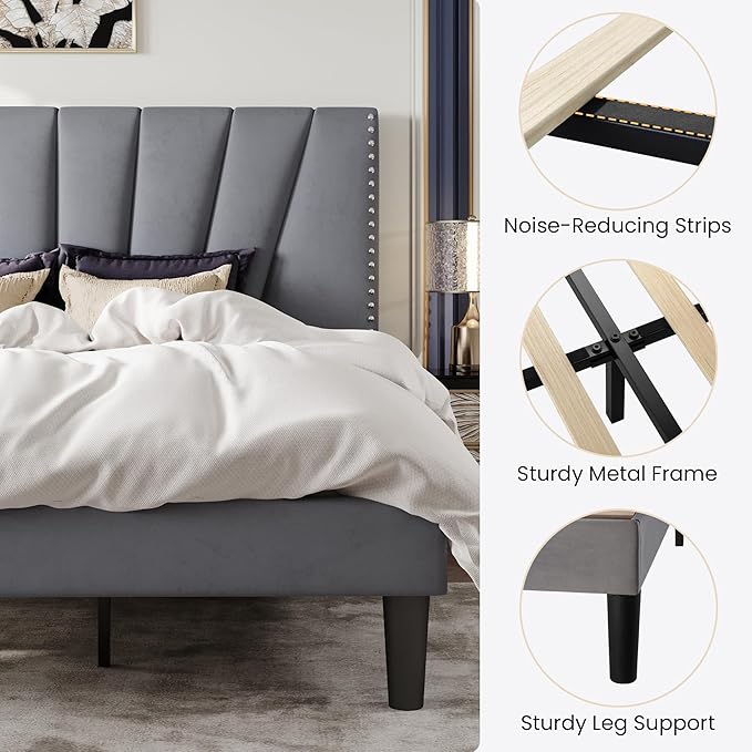 SHA CERLIN King Size Bed Frame with Adjustable Upholstered Velvet Rivets Headboard, Sturdy Wooden Slats, Strong Platform Support for Mattress, No Box Spring Needed, Easy Assembly, Grey