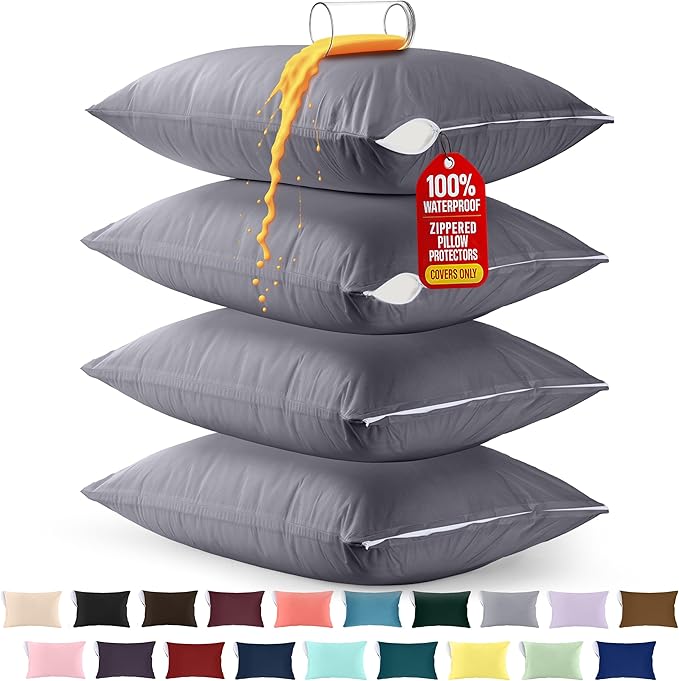 Utopia Bedding Premium 100% Waterproof Pillow Protectors with Zipper King Size (Set of 4), Bed Bug and Dust Mite Proof Zippered Pillow Covers, Pillow Encasement Cases, Gray