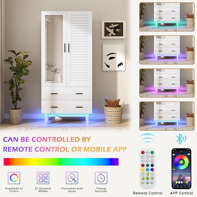 jiteentarou 2 Door Armoire Wardrobe Closet Cabinet with Drawers and LED Lights, Multi-Tier Shelves, Hanging Rod & 2 Louver Doors, Large Capacity Storage Wardrobe Armoire for Bedroom(2 Doors White)