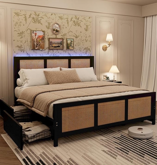 IDEALHOUSE Rattan Bed Frame with Storage Drawers, Boho King Size Led Bed Frame with Strong Metal Slats Support, No Box Spring Needed, Noise-Free Design, Black