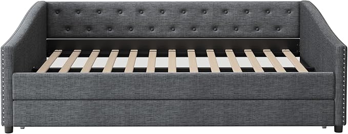 Upholstered Daybed with Trundle, Full Size Day Bed w/Button-Tufted Back and Piping on Waved-Shape Arms for Bedroom or Guest Room, No Box Spring Required, Dark Gray