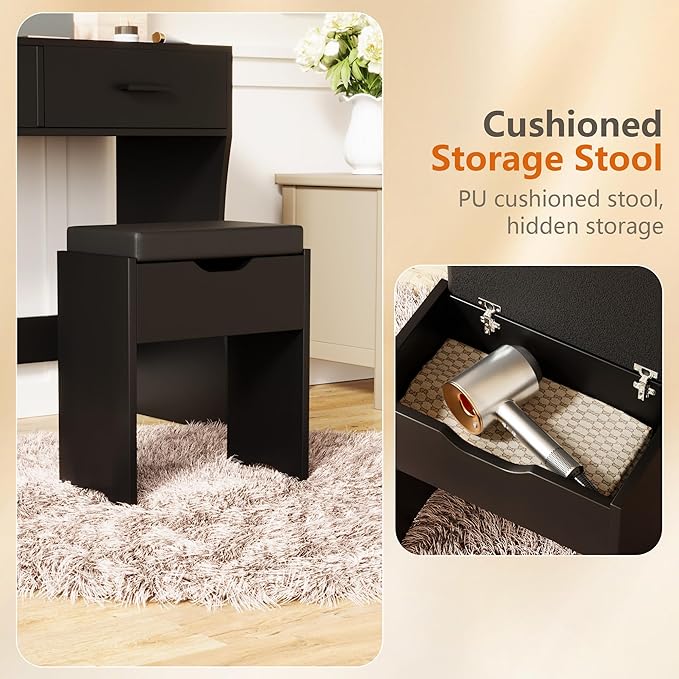 YESHOMY Vanity Desk with Mirror, Power Outlet and 11 Lights, Makeup Table with 2 Drawers, 3 Color Modes Available for Bedroom, Ash Black
