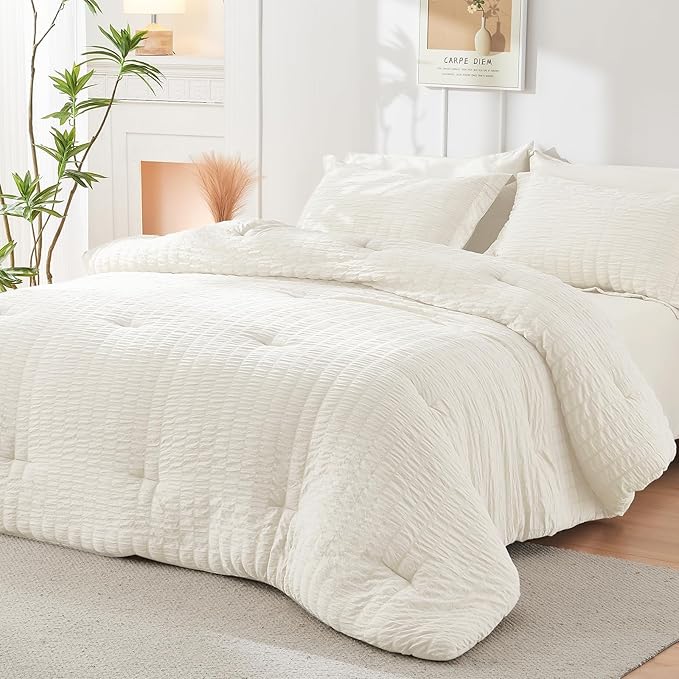 HYMOKEGE Ivory King Size Comforter Set Seersucker 7 Pieces, All Season Luxury Bed in a Bag for Bedroom, Bedding Set with Comforters, Sheets, Pillowcases & Shams