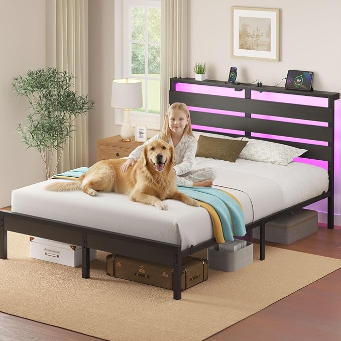 Rolanstar Full Size Bed Frame with USB Charging Station, LED Bed Frame with Wood Storage Headboard, Black Metal Platform Bed with Under Bed Storage, No Box Spring Needed, Noise Free