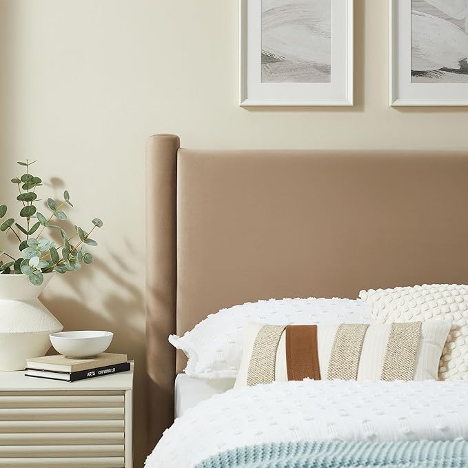 Modway Rael Twin Upholstered Headboard with Pillars in Taupe – Velvet Headboard – Stain-Resistant Performance Velvet Headboard for Twin Beds