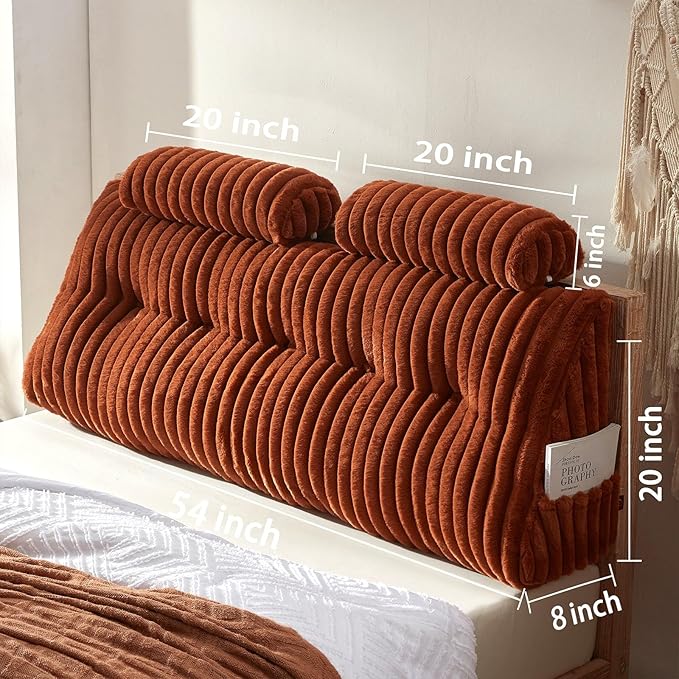 Rycwola Faux Fur Headboard Pillow with 2 Pack Neck Roll Pillow Large Headboard Pillow Soft and Supportive with Removable Cover (Brown, Full)