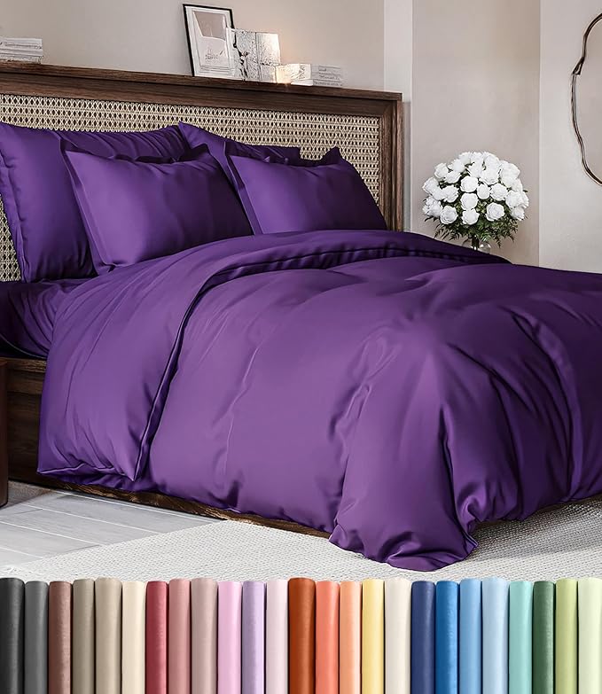 Duvet Cover Queen Size Set - Extra Soft Queen Duvet Cover 90" x 90" with 2 Pillow Shams - Hotel Luxury, Easy Care & Fade Free w/ Zipper Closures & Ties - All Season, Comfy, Cozy & Breathable (Purple)