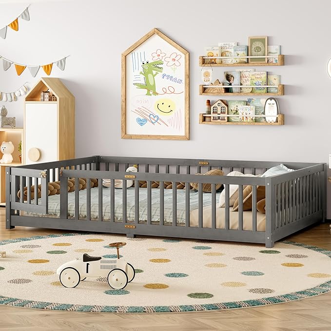 Bellemave Queen Floor Bed Frame with Rails and Door, Solid Wood Montessori Queen Size Floor Bed, Low Profile Montessori Beds with Removable Slats, Grey