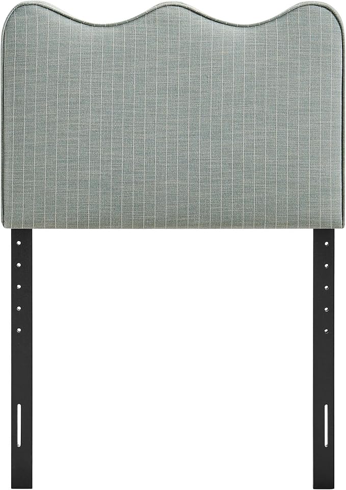 Monday Athena Striped Fabric Upholstered Twin Size Adjustable Headboard in Spa Blue Stripe - with Scalloped Wave Design and Soft Linen-Like Fabric