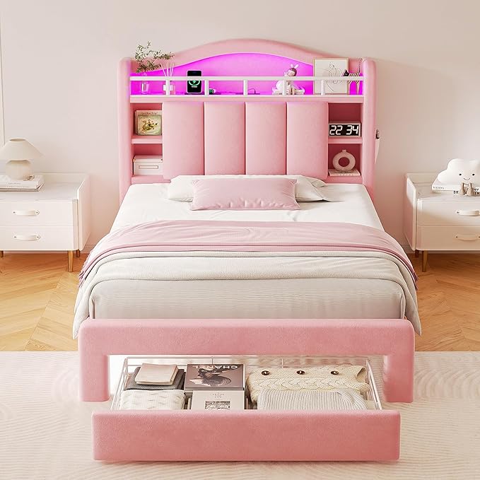 Twin LED Bed Frame with Storage Headboard & 2 Storage Drawers, Princess Velvet Upholstered Bed with Vertical Tufted Headboard Design for Girls, USB & Type-C Charging Ports, Wooden Slats Support, Pink