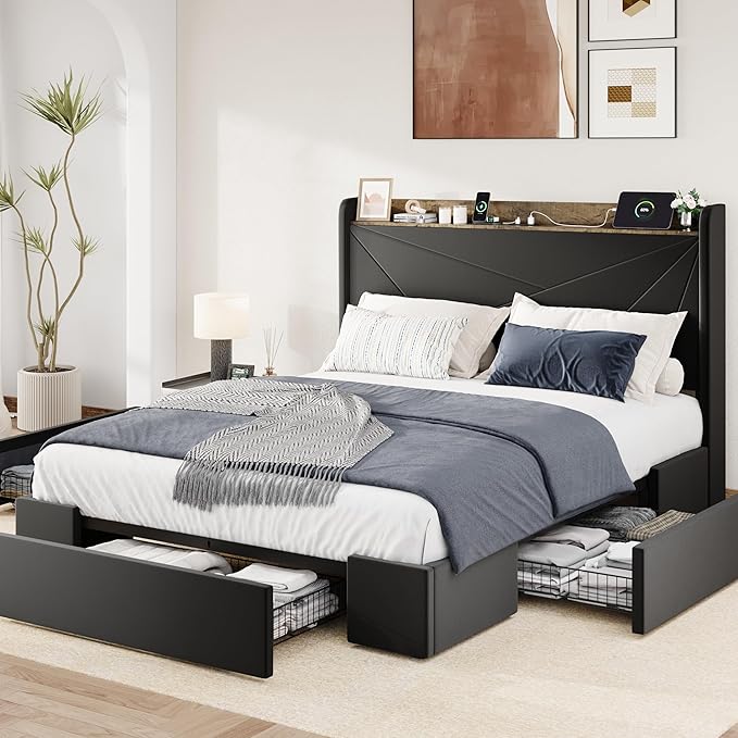 Allewie Full Size Velvet Bed Frame with 3 Storage Drawers, Upholstered Platform Bed with Wingback Storage Headboard and USB Ports, No Box Spring Needed, Easy Assembly, Black