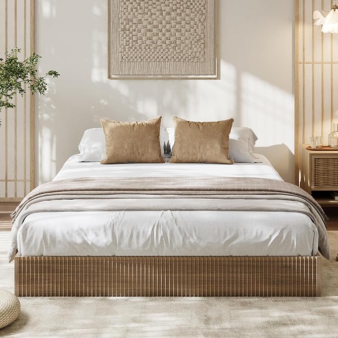 Garvee Full Bed Frame, Wood Platform Bed with Fluted Design, Low Profile BedFrame, Minimalist Bed Base with Noise-Free, Easy Assembly, No Box Spring Needed, Walnut