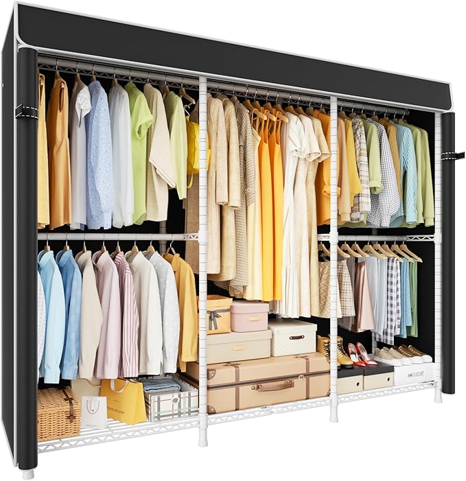 ULIFHOME E14C Pro Heavy Duty Closet Organizer System，Freestanding Clothing Racks for Hanging Clothes，Adjustable Garment Rack 70.1"W × 16.6"D × 76.4"H Hold 960 lbs，White Rack with Black Dustproof Cover