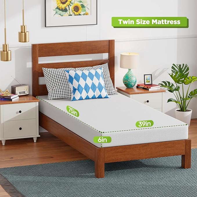 FDW 6 Inch Twin Mattress, Base Foam, Medium Firm Support, Breathable & Comfortable, Removable Washable Zipper Cover, Bed-in-a-Box，CertiPUR-US Certified