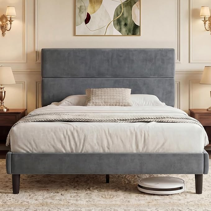 GRUSIGN Queen Size Platform Bed Frame with Velvet Headboard, Adjustable Height Wooden Slats Support, Upholstered Mattress Foundation, Fits Mattress or Mattress with Box Spring, Easy Assembly, Grey