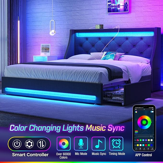 Rolanstar Twin Bed Frame with LED Lights and Charging Station, Upholstered Bed with Drawers, Wooden Slats, Noise Free, Easy Assembly, Dark Gray
