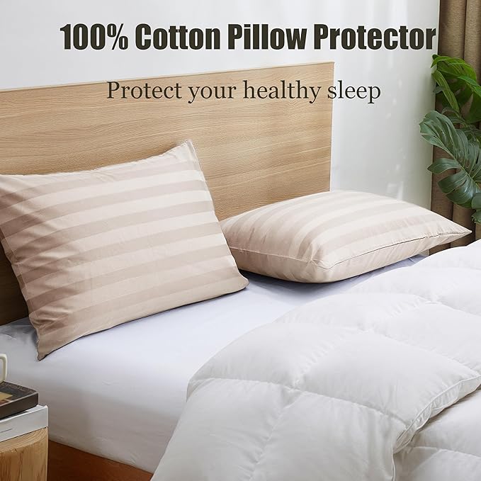 100% Cotton Soft Body Pillow Protectors with Invisible Zipper 20X54 Inches Body Pillow Cases, 600 Thread Count Soft Pillow Cases, Striped Beige Color 1-Pack