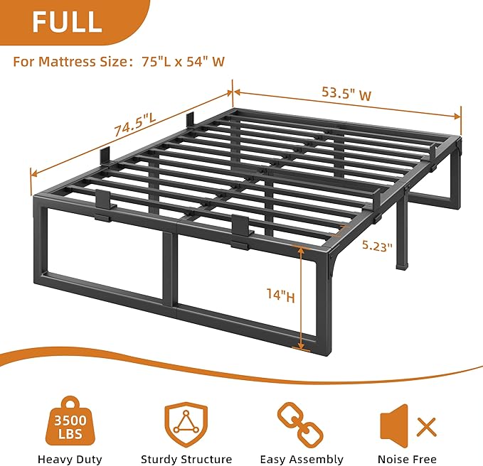 Full Size Bed Frame, 14 Inch Metal Platform Bed Frames with Squeak Free U-Slot Design, 6 Non-Slip Guards, 3500lbs Heavy Duty Steel Slat Support, No Box Spring Needed, Under Bed Storage, Black