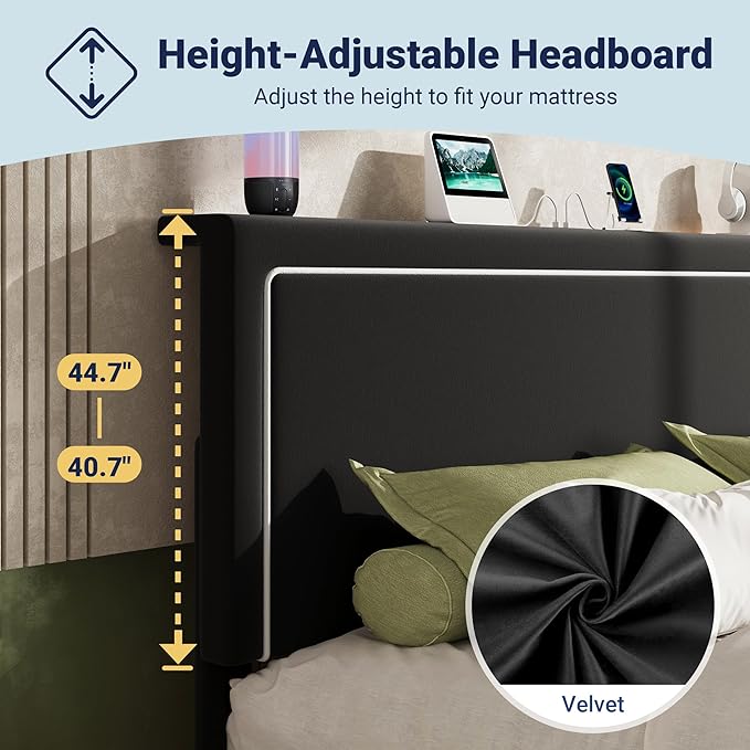 Allewie King Size Lift Up Storage Bed Frame with Charging Station & LED Lights, Adjustable Velvet Upholstered Storage Headboard, Type-C & USB Ports, Hydraulic Support, No Box Spring Needed, Black