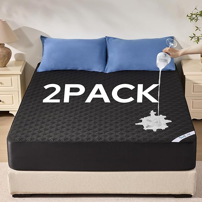 BEDLORE 2 Pack Waterproof Mattress Protector,Twin XL Size Pad Noiseless with Deep Pocket Fitted for 6"-15",Soft Breathable Dirt-Proof Single Bed Mattress Cover Washable for Bedroom,Dorm Room(Black)