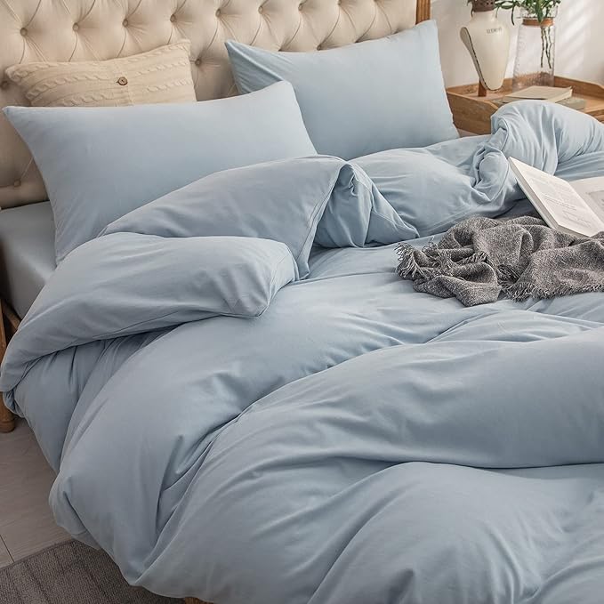 PURE ERA Jersey Knit Duvet Cover Set 100% T-Shirt Cotton Super Soft Comfy 3pc Bedding Set with Zipper Closure (Solid Light Blue, King)