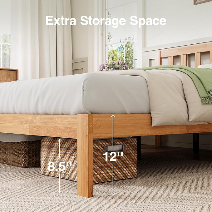Novilla 12 Inch King Size Bed Frame Solid Wooden King Bed Frame and Headboard, King BedFrames with Classic Headboard, No Box Spring Needed, Easy Assembly, Natural Grain Wood