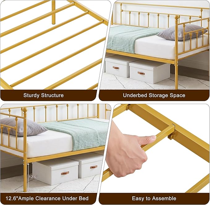 VECELO Daybed Frame, Twin Size Metal Platform Bed with Headboard,Heavy Duty Steel Slats Support for Living Room Bedroom Guest Room, Easy Assembly