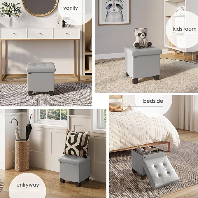 Storage Ottoman Cube with Small Bin, 15-in Square Ottoman with Storage for Living Room and Bedroom, Small Ottomans Foot Rest, Leather Foot Stools Ottomans Max 330lbs, Light Grey