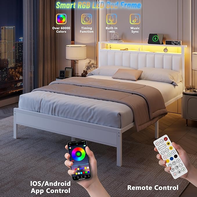 Furnulem White Queen Bed Frame with Charging Station & Led Lights, PU Leather Upholstered Headboard with 2-Tier Storage Shelves, No Box Spring Needed, Metal Slat Support, Easy Assembly