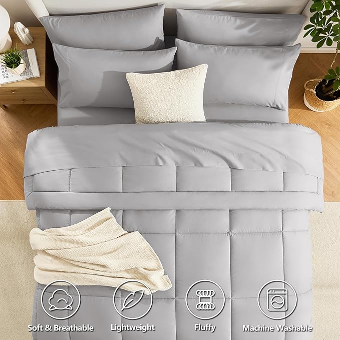 CozyLux California King Comforter Sets French Grey, 7 Pieces Cal King Bed in a Bag, All Season Bedding Sets with Stitch Quilted Comforter, Flat Sheet, Fitted Sheet, Pillowcases